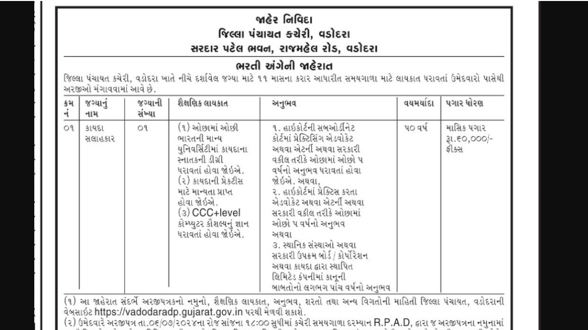District Panchayat Vadodara Recruitment 2024