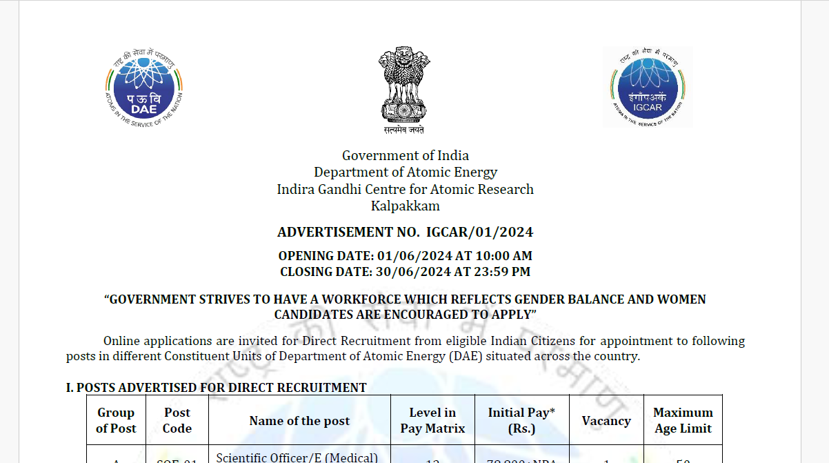 IGCAR Recruitment 2024