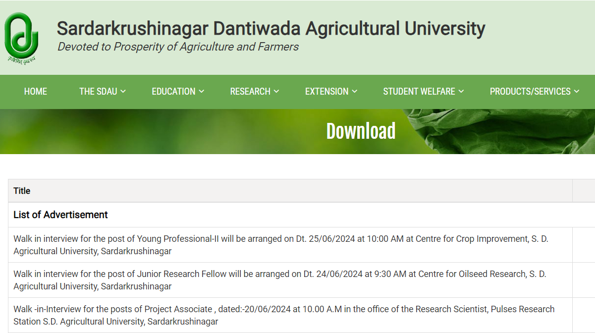 Sardarkrushinagar Dantiwada Agricultural University Recruitment 2024